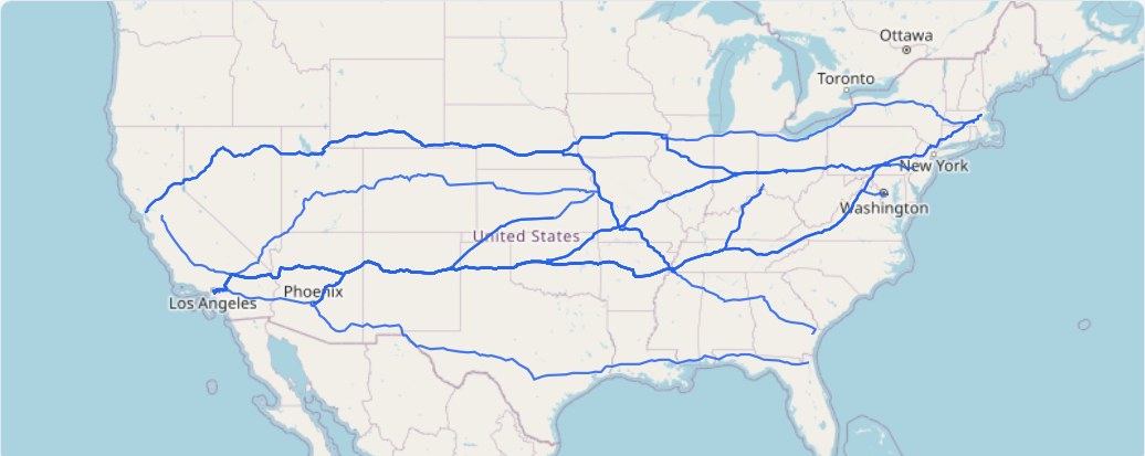 National route map showing Atlantic Cargo's 27 measured lanes converging in the Southern California / Barstow corridor
