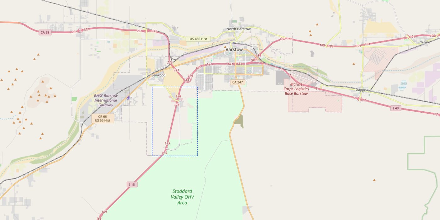 Detail map of one candidate area near Lenwood, along I-15 south of the Barstow interchange, outside the Stoddard Valley OHV Area and adjacent to the BNSF Barstow International Gateway rail yard