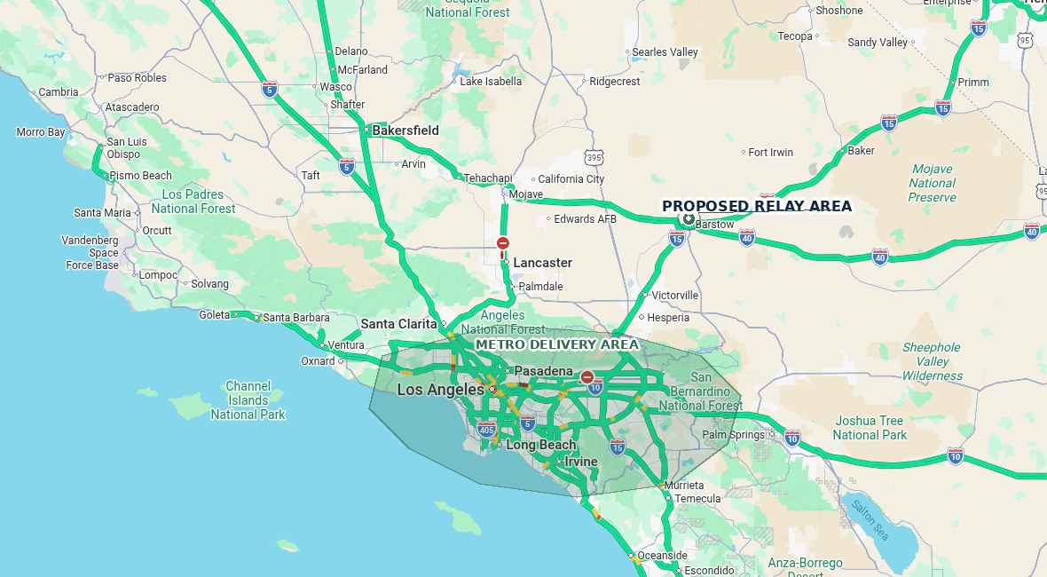 Southern California map showing Barstow at the convergence of I-15, I-40, and CA-58, outside the Los Angeles metro delivery area.